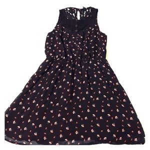 Black Flower Print Drawstring Dress
